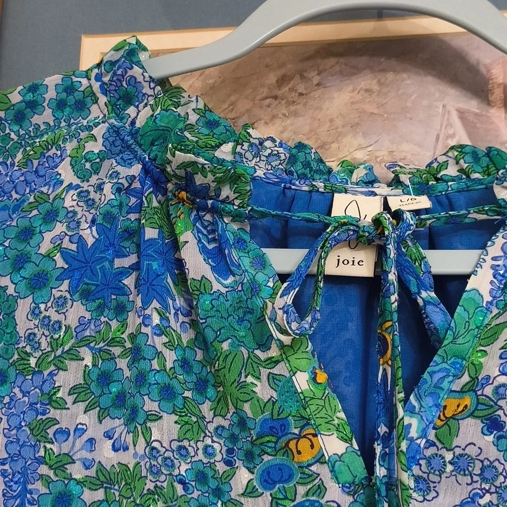 Joie Floral Blue and Green Women's Top Garden Party Brunch Career Large Vacation - Picture 7 of 15